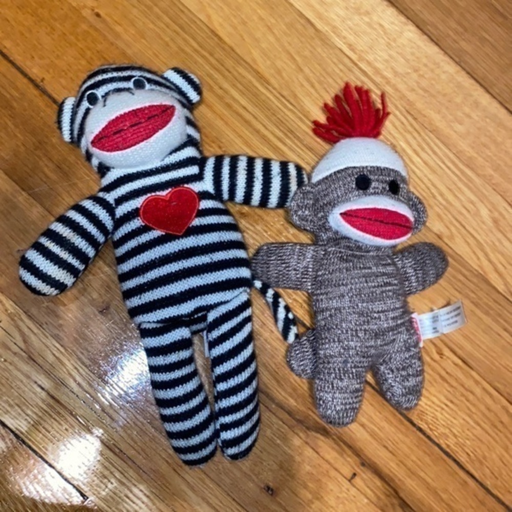 2 Sock Monkey stuffies some signs of pilling and use add to a bundle.